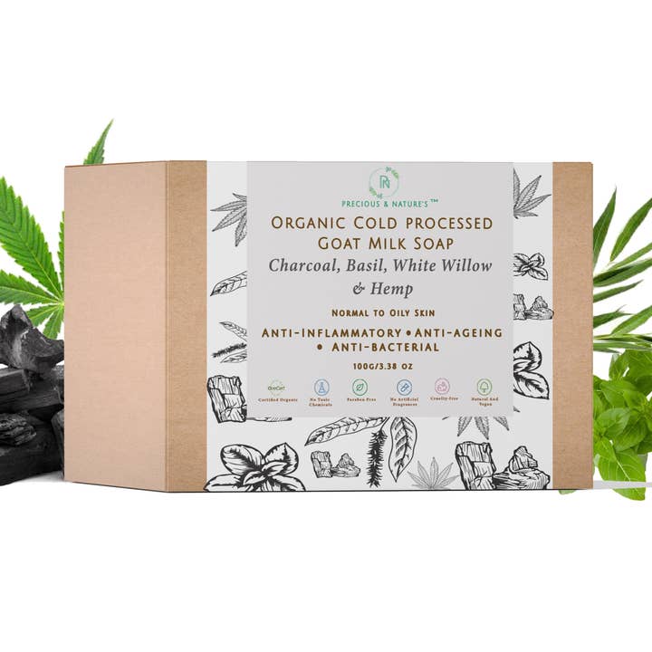 Organic Goat Milk Soap with Charcoal, White Willow & Hemp for wholesale by Precious & Nature's