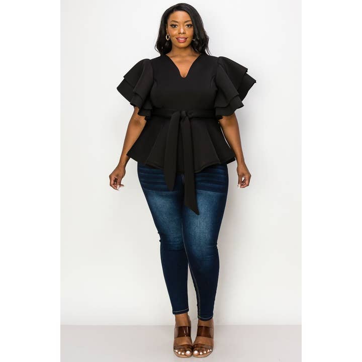 DORCAS - Wholesale Blouse - Women's - PLUS SHORT RUFFLE SLEEVE V NECK TOP WITH WAIST TIE