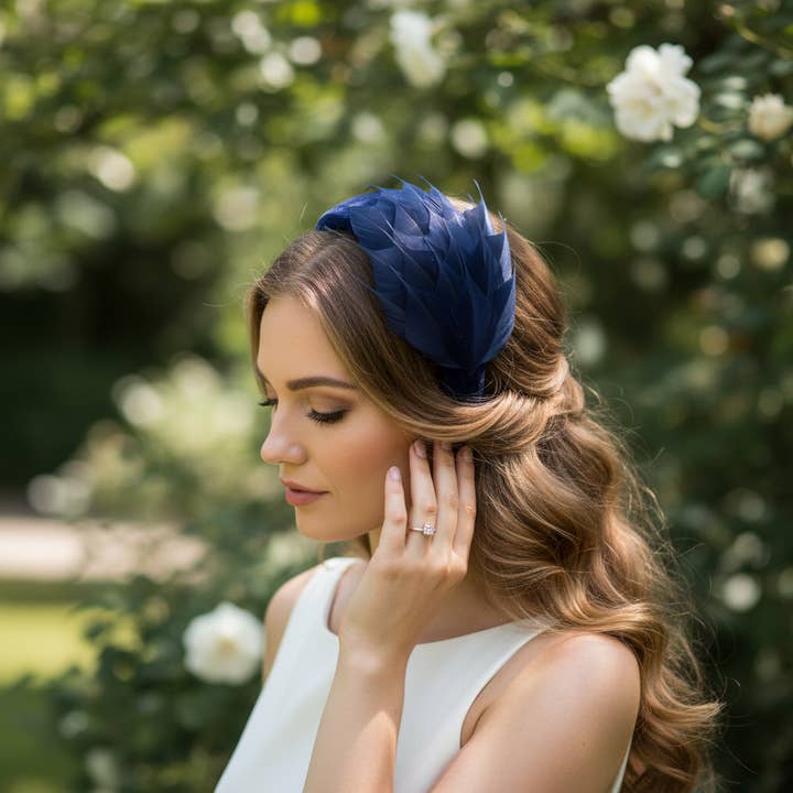 ATHENA COLLECTION - LUXE FEATHER HEADBAND - NAVY BLUE for wholesale by Athena Bridal Jewellery