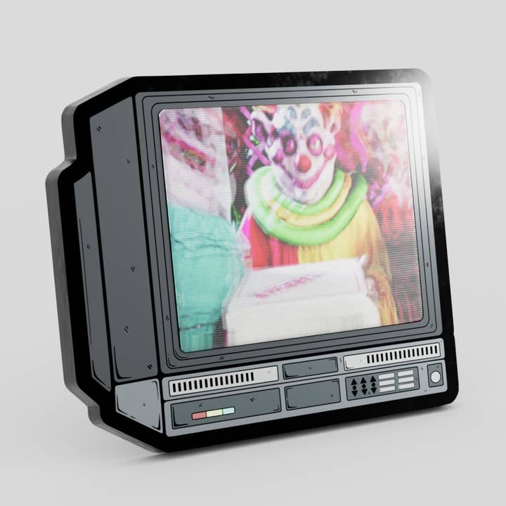 2.5" Lenticular Killer Klowns CRTV Enamel Pin for wholesale by GoopyGoblins