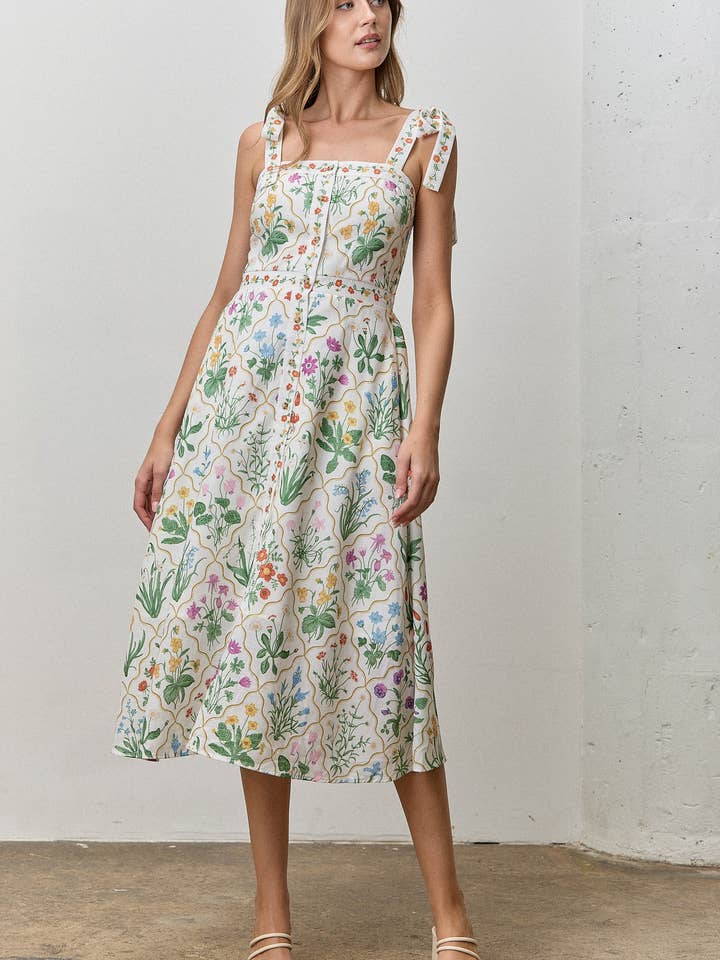 VESTIDO MIDI COM ESTAMPA FLORAL E COSTAS FUMÊS por atacado de Polagram by Wellmade USA