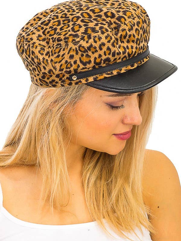 Leopard Patterned Faux Fur and Faux Leather Chic Cabby for wholesale by Cap Zone