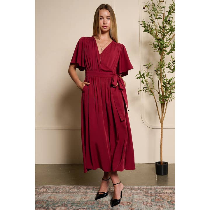 mittoshop - Wholesale Dress - Women's - FLUTTER SLEEVE WAIST TIE WRAP MIDI DRESS13