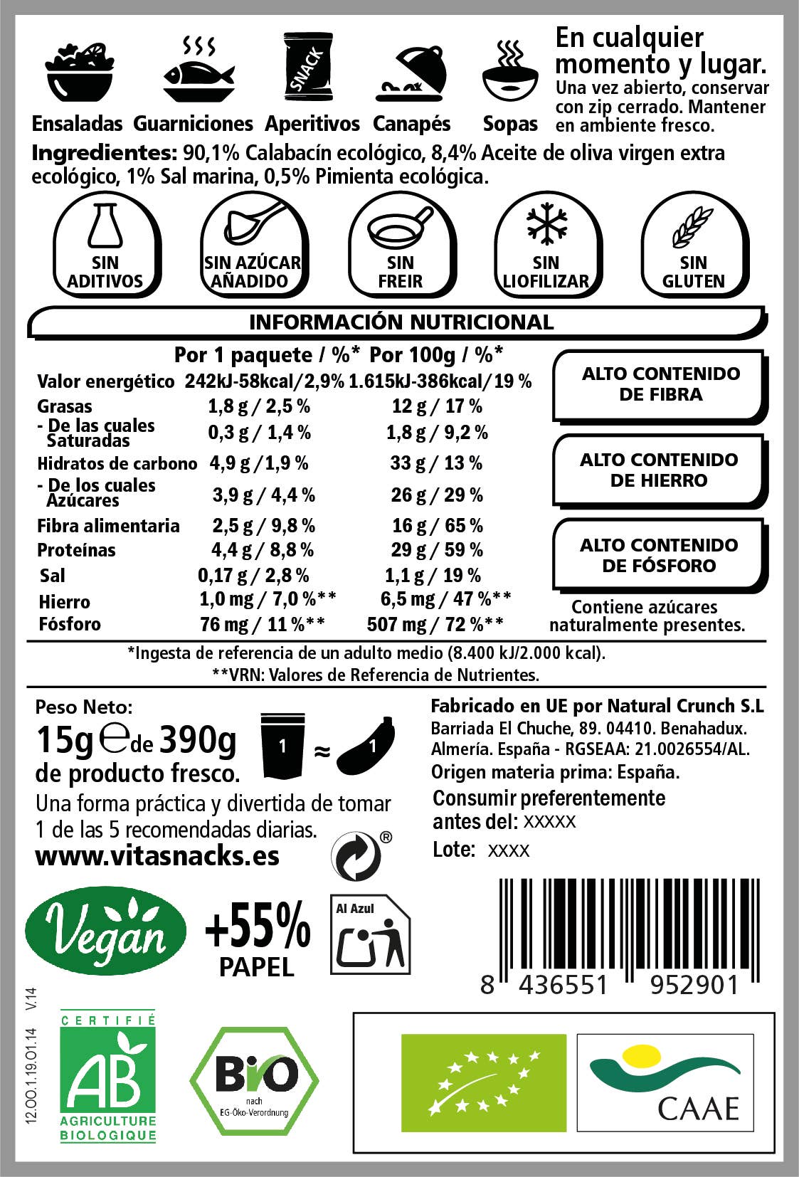 VITASNACK - Venta al por mayor Patatas fritas - Calabacín Crujiente con Pimienta Negra Ecológico. NO FRITO1