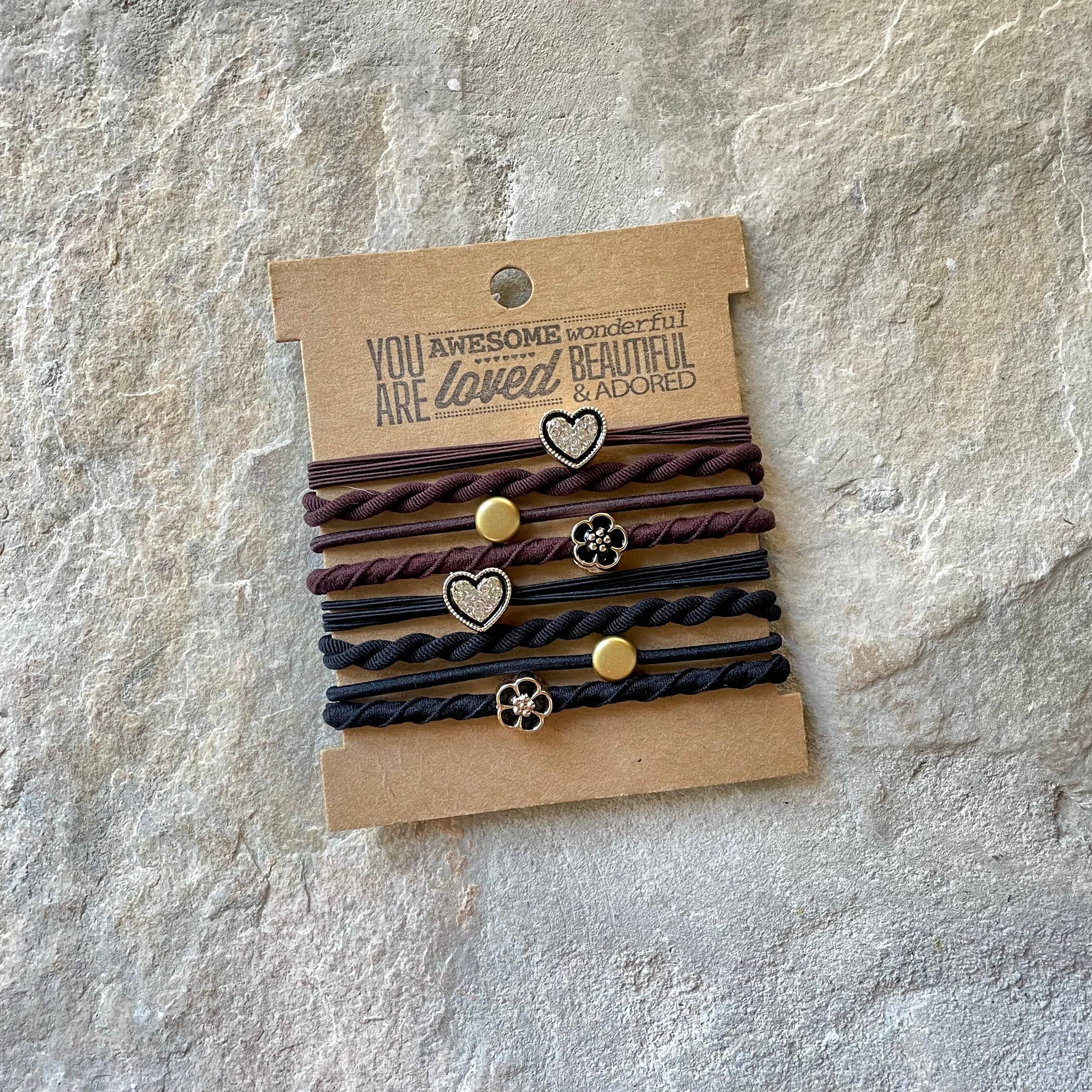eastern ave studio - Wholesale Hair Tie - Charm Hair Ties on Kraft Card | Brown & Black0