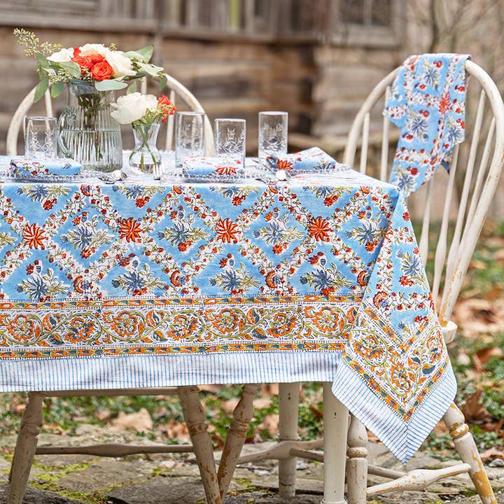 Francesca Block Print Tablecloth - Light Blue for wholesale by April Cornell