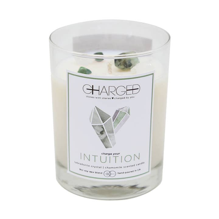 Labradorite Chamomile Scented Soy Candle with Crystals for wholesale by CHARGED