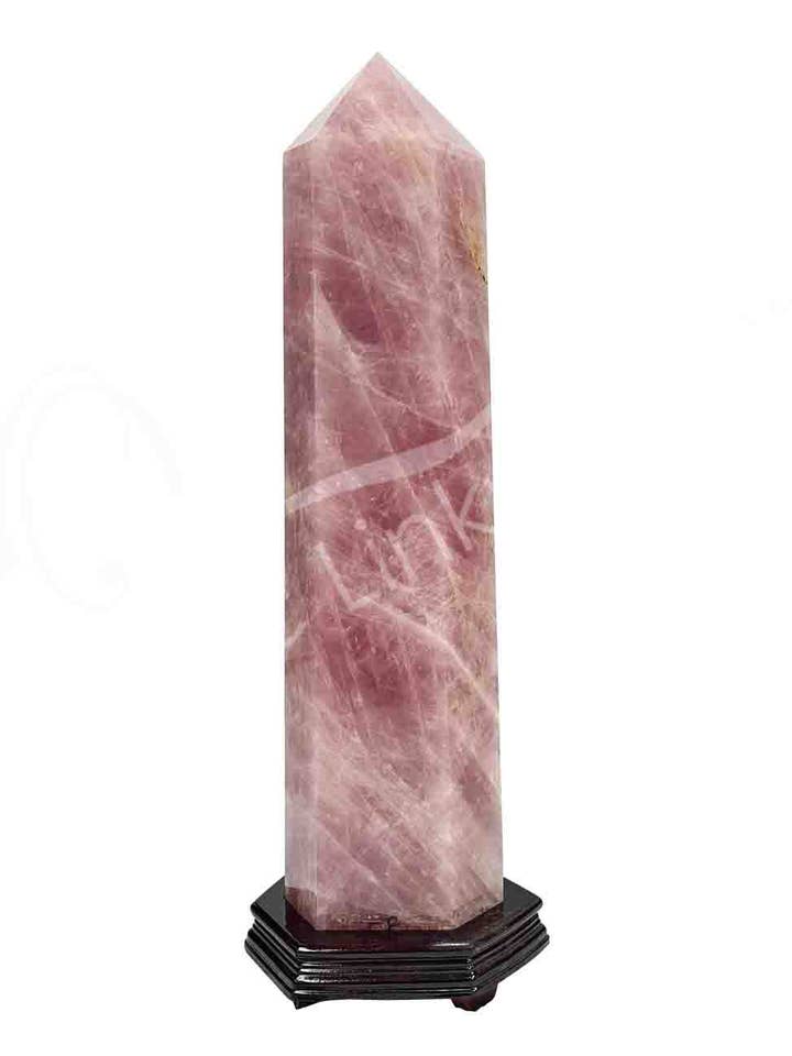 (KG)OBELISK - ROSE QUARTZ ON WOOD STAND 12-24" for wholesale by Oceanic Linkways Inc