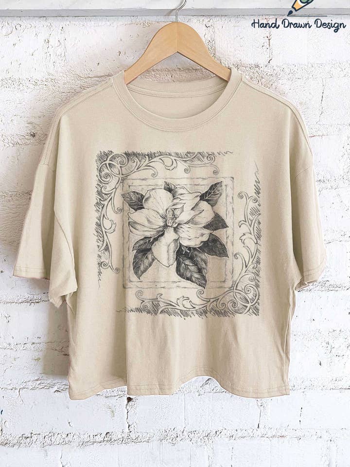 Rustee Clothing - Wholesale Screen Printed T-Shirt - Women's - MAGNOLIA FLOWER HAND DRAWN GRAPHIC LONG CROP TOP1