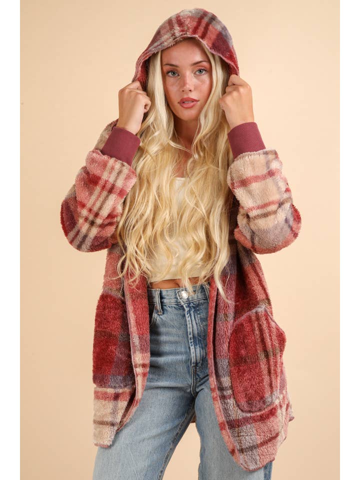 VERY J - Wholesale Jacket - Women's - NJ90302X-PLUS SIZE Faux Fur Tunic Hooded Printed Jacket