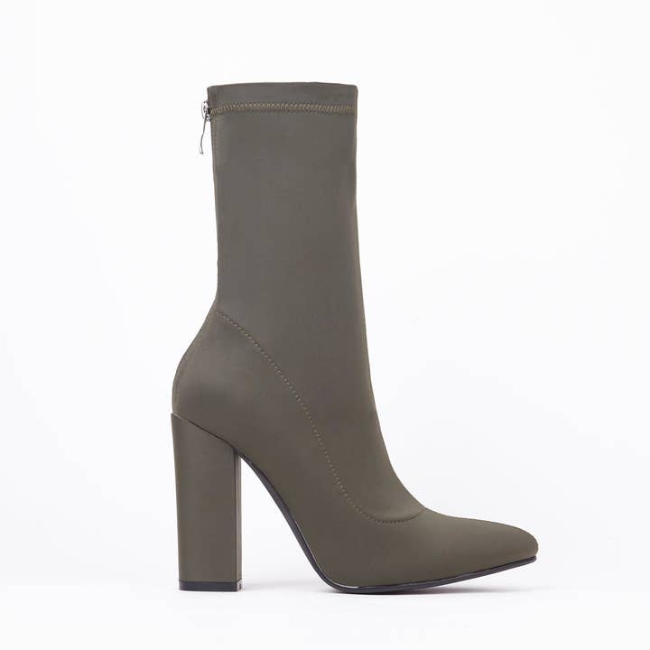 Shuzee - Wholesale Booties - Women's - Alicia Khaki Pointed Block Heel Ankle Boots