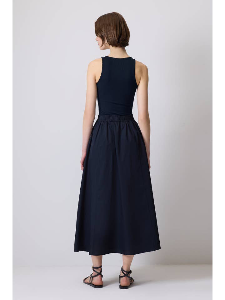 Navy Blue HIGH-WAISTED A-LINE MAXI SKIRT - ELASTIC WAIST, COTTON BLEND for wholesale on Faire