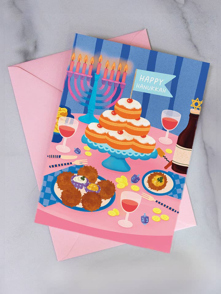 Carte de vœux de table de dîner de Hanoucca heureuse pour la vente par Oy Vey Crafts