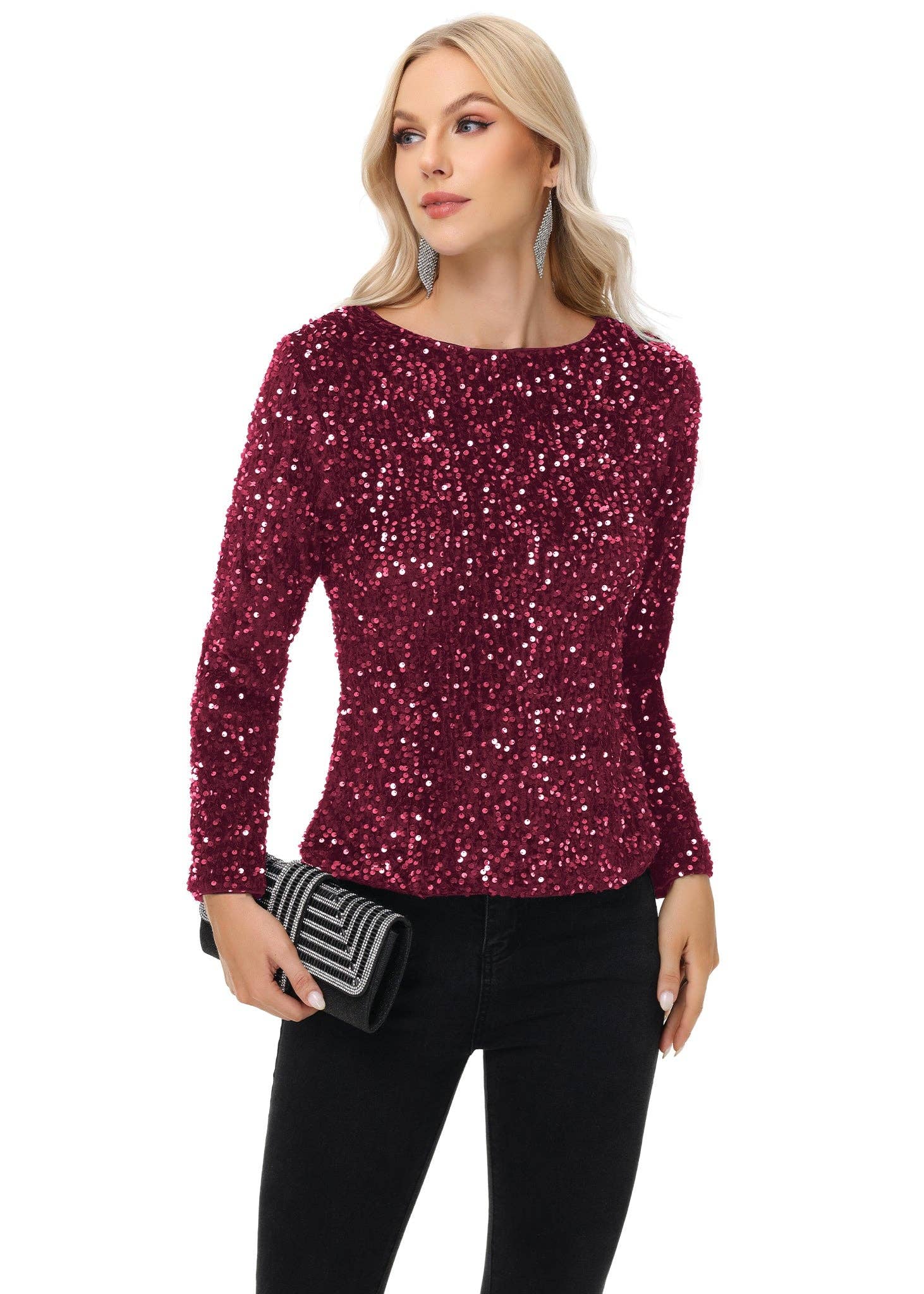 Anna Kaci Wholesale - Wholesale Blouse - Women's - Long Sleeve Sequin Tops Sparkly Glitter Evening Party15