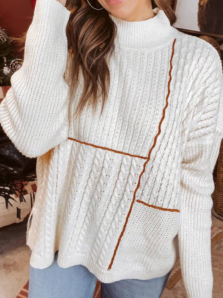 Mix Texture Patchwork Contrast Stitch Mock Neck Sweater for wholesale by FULL TIME PURCHASE