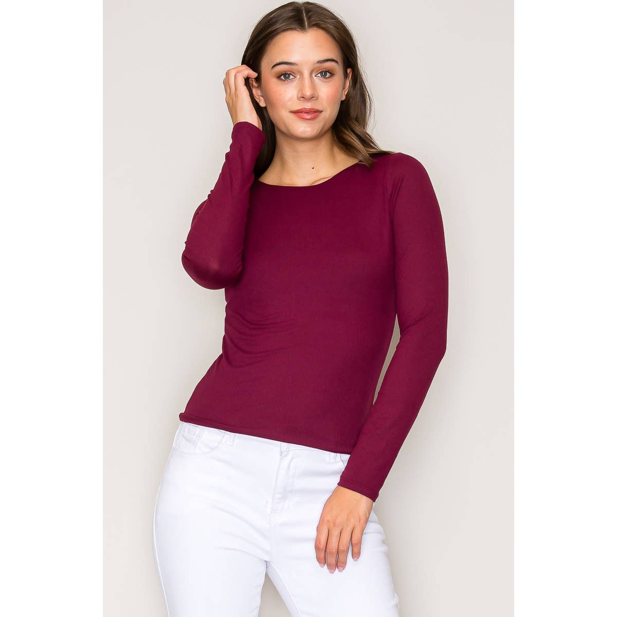 Popular 21 – wholesale Knit top – Women's – Double Layer Crew Neck Long Sleeve Rib Knit Top2