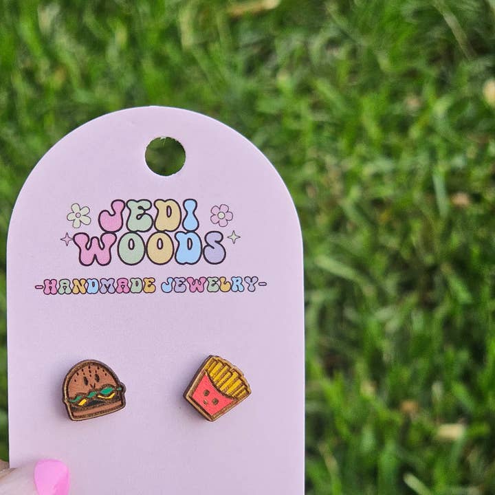 Burger and French Fry Novelty Hand Stud Earrings for wholesale by Jedi Woods LLC