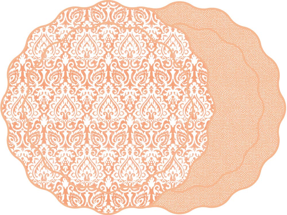Holly Stuart Home – wholesale Placemat – DAMASK AND DOT FAN REVERSIBLE SCALLOP ROUND PLACEMAT0