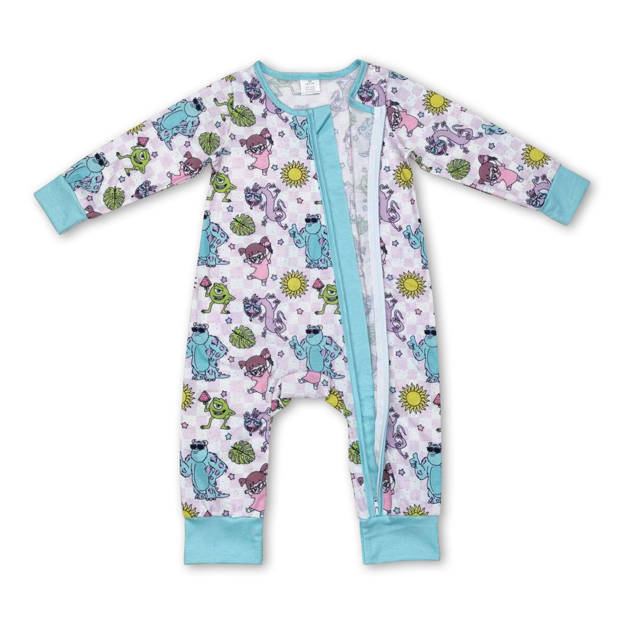 Yawoo Garments - Wholesale Sleepsuit - Baby - Long sleeves plaid monster baby girls zipper romper1