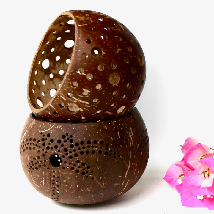 Hand Carved Coconut Shell Candle Holders 50 Pice for wholesale by Eco Elegant Table Ware