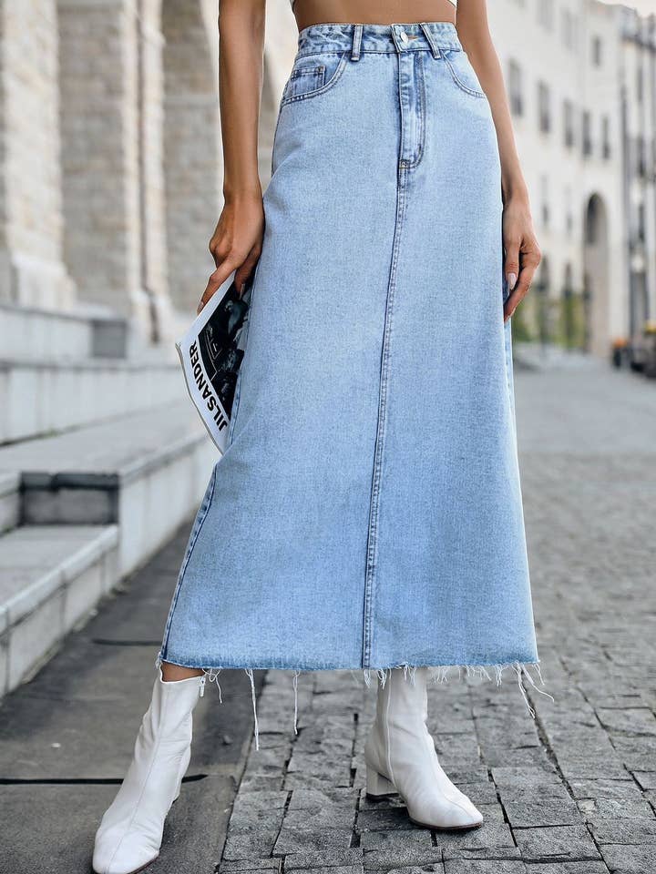 Midi denim skirt for wholesale by Miss Sparkling
