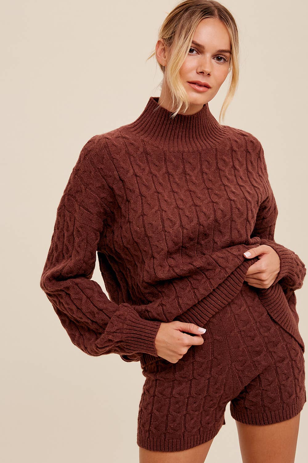 Listicle - Wholesale Lounge Set - Women's - Cable Knit Mock Neck Sweater Set LWSET01323