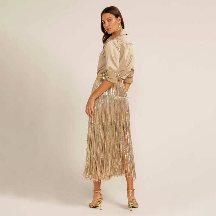 Love, Bonfire the Label - Wholesale Skirt - Women's - Where Women Glow Gold Sequin Fringe Skirt1