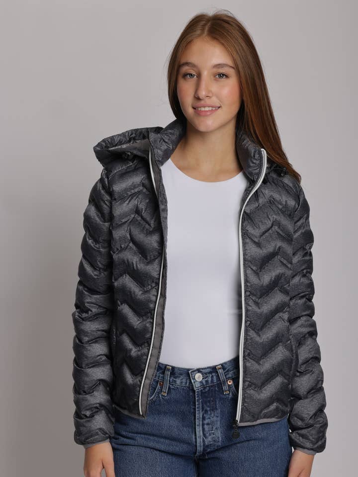 Pufferjakke til kvinder i mørk lynggrå for engroshandel hos Lazypants