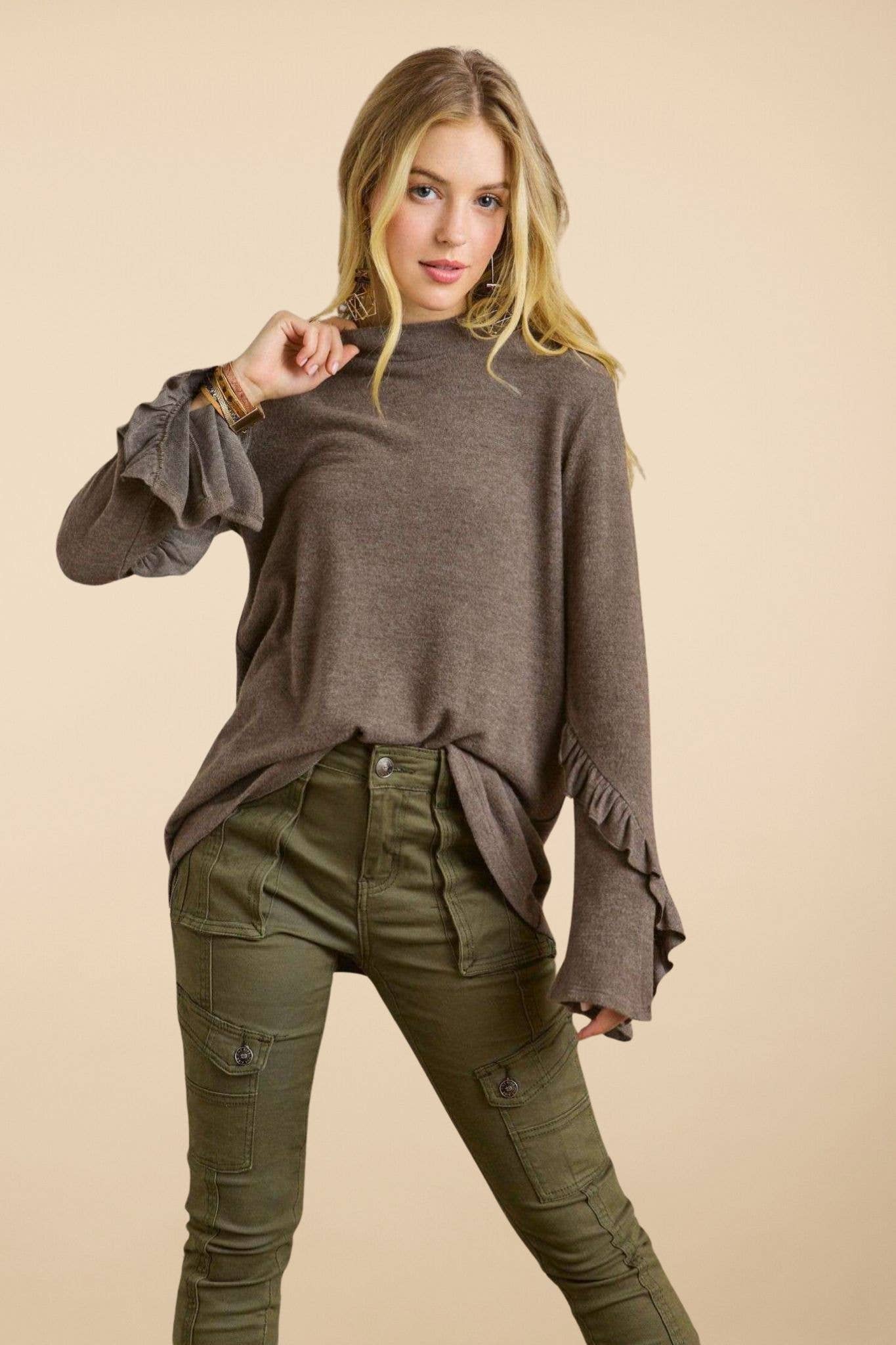 ADORA LA - Wholesale Tunic - Women's - MYT12499 -BRUSHED HACCI MOCK NECK RUFFLE TOP16