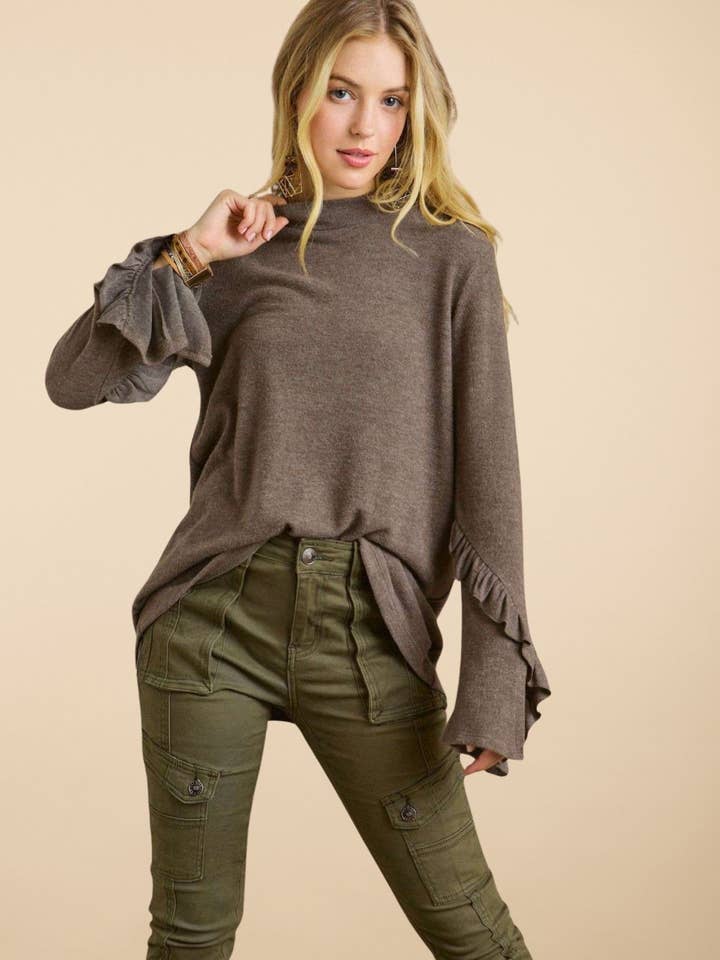 ADORA LA - Wholesale Tunic - Women's - MYT12499 -BRUSHED HACCI MOCK NECK RUFFLE TOP16