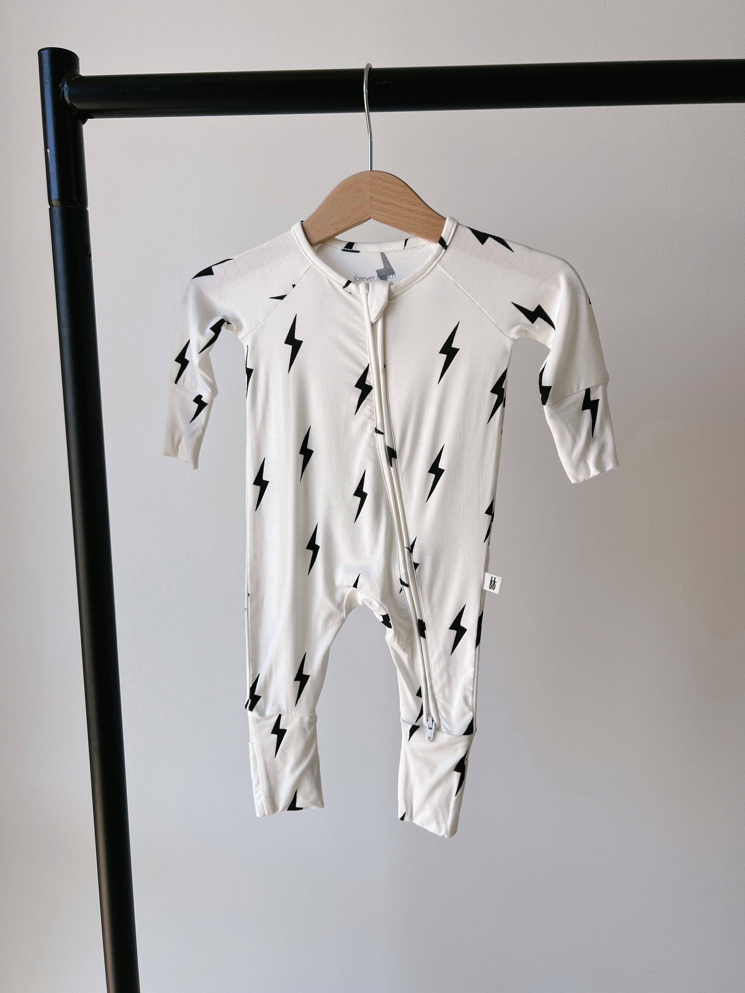 Forever French Baby - Wholesale Sleepsuit - Baby - Bamboo Zip Pajamas | White & Black Lightning Bolt1