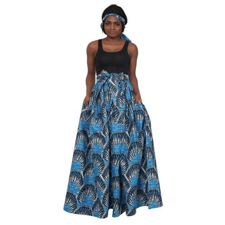 Advance Apparels – Großhandel Rock – Damen – Ocean Blue African Print Langer Maxirock Elastische Taille 16317-80