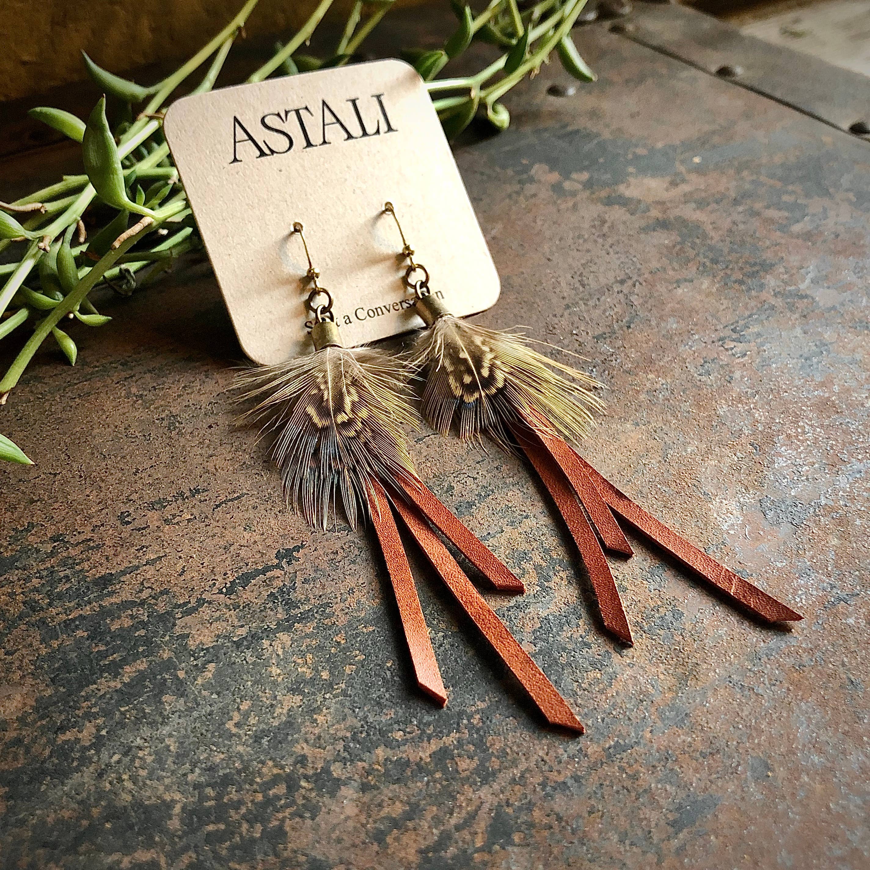 ASTALI – wholesale Tassel earrings – Feather Mini Earrings - Rust Leather & Pheasant Feathers7