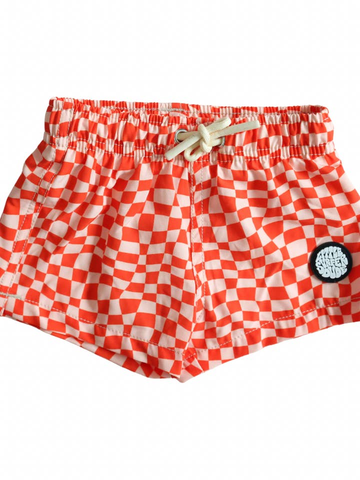 The Little Surfer Dude - Wholesale Swim Shorts - Kids - Red Checkered Swim Trunks