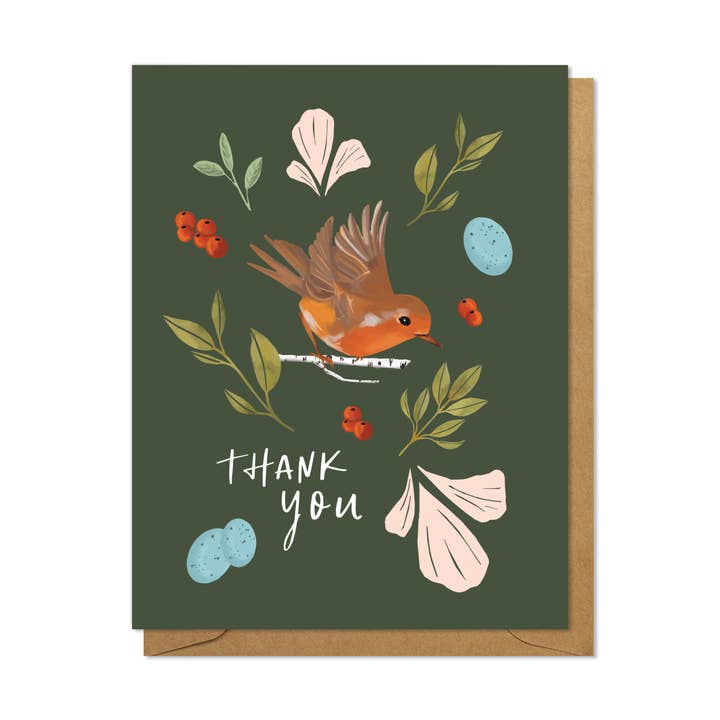 Whimsical American Robin Thank You Card on Dark Green for wholesale by Joymark Studio