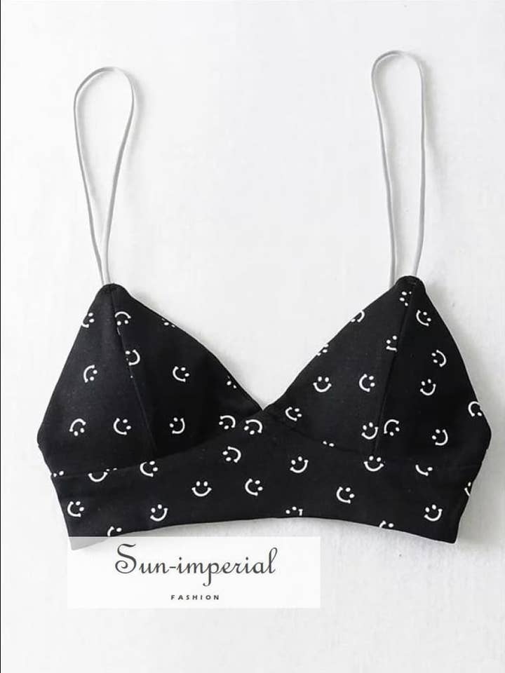Women Black Smile Face Print Soft Cotton Triangle Bra No for wholesale by Sun Imperial