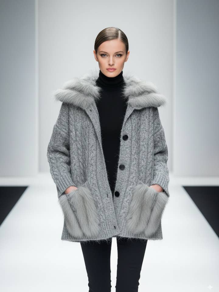 CCIC New York - Wholesale Cardigan - Women's - Faux Fur Cardigan Cable Knit Sailor Collar Statement4