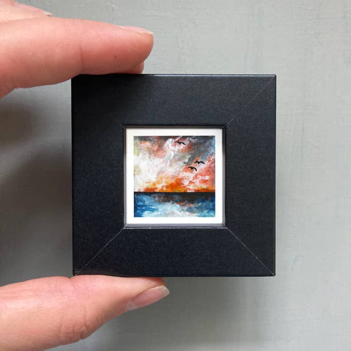 Mick's Art Goods - Wholesale Art Print - Mini 1" Ocean Sunset Sea Birds Tiny Watercolor Landscape
