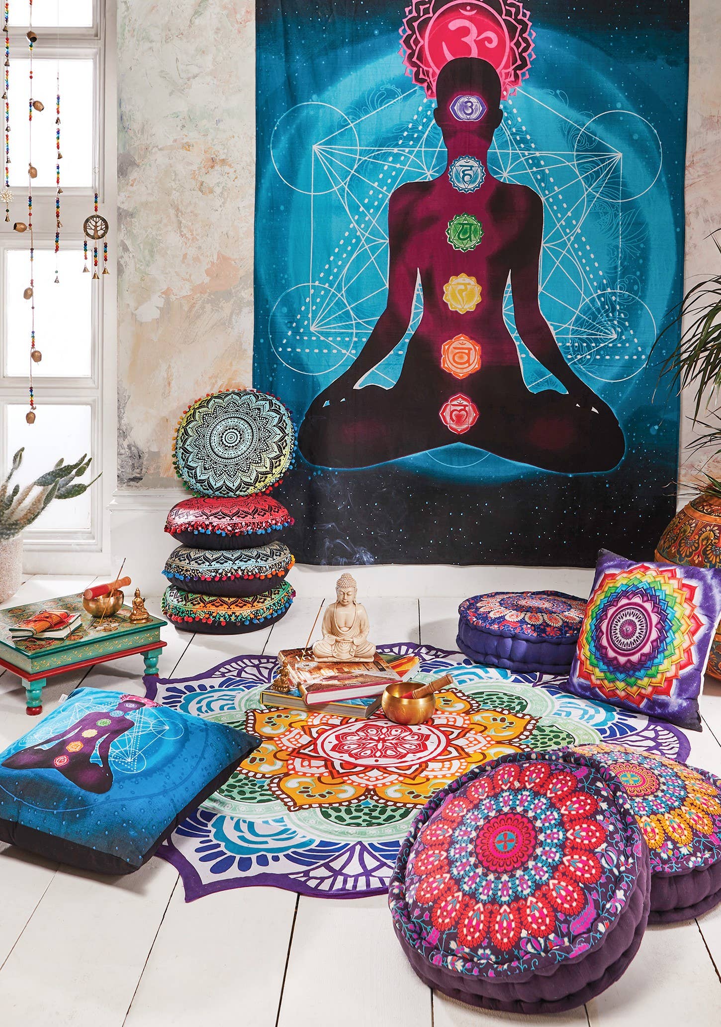 Namaste - Vendita all'ingrosso Pouf - Pouf imbottito pre-riempito con stampa a pavone 40x40x12,5 cm3