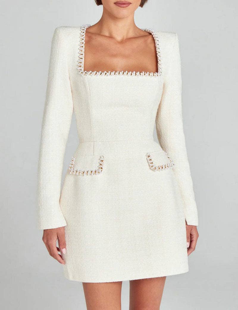 Dipped Shop – wholesale Dress – Women's – U-Neck Elegant Pearl Tweed Mini Dress DP25E6740