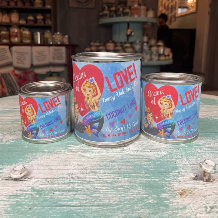 Candela in barattolo di vernice al cocco e lime Oceans of Love - Collezione San Valentino per la vendita all'ingrosso da parte di Surfs Up Candle