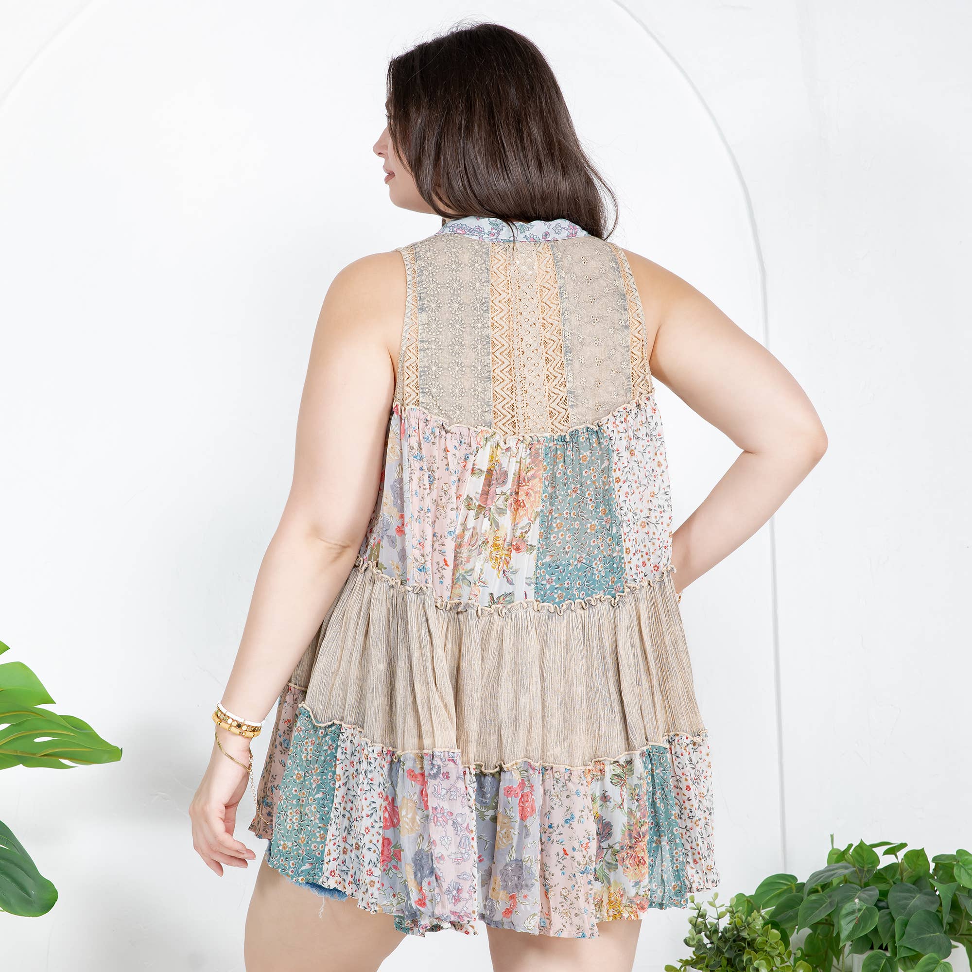 Young Threads - Wholesale Button Down Shirt - Women's - Boho Chic Nomad Patchwork Buttondown Top Sleevel (New Color)30