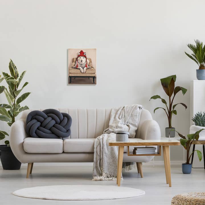 Stupell Industries – Engroshandel Vægplakat – Vinter Husky rød Pom Hat smarte stue stol Plaque kunst