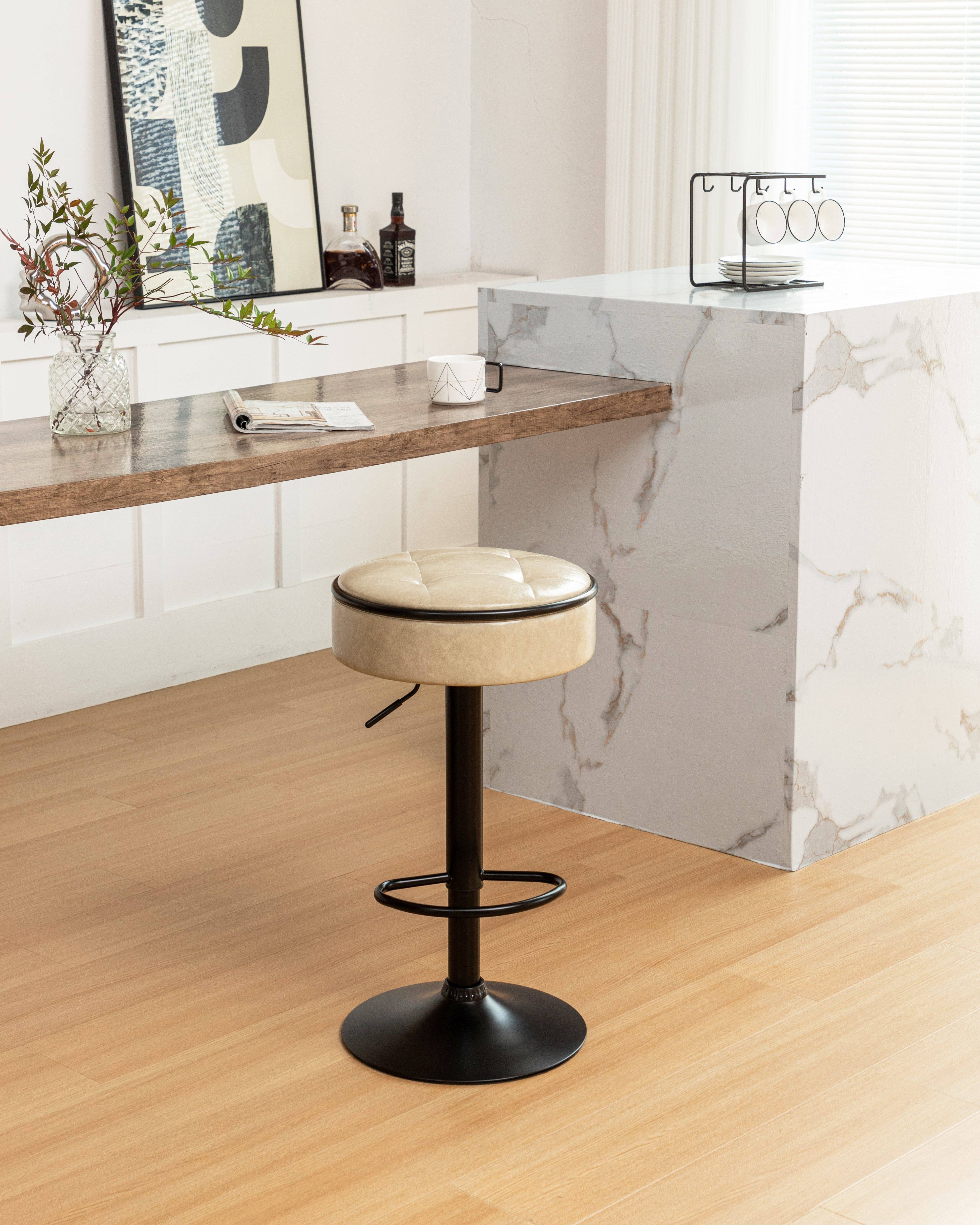 Orange County Decor - Wholesale Stool - Round Storage Bar Stool Set Of 2, Khaki Faux Leather Height Adjustable Barstool, 360 Counter Height Swivel Stool, Armless Bar Chair With Metal Frame For Kitchen Counter Dining Living Room Khaki Set16