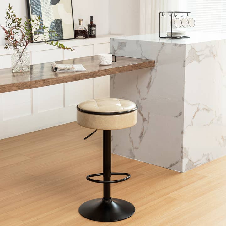 Orange County Decor - Wholesale Stool - Round Storage Bar Stool Set Of 2, Khaki Faux Leather Height Adjustable Barstool, 360 Counter Height Swivel Stool, Armless Bar Chair With Metal Frame For Kitchen Counter Dining Living Room Khaki Set16