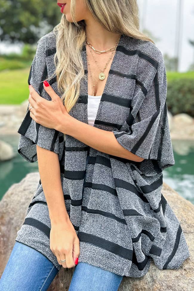 Black Stripe Print Knitted Kimono Cardigan Cover Up for wholesale on Faire4