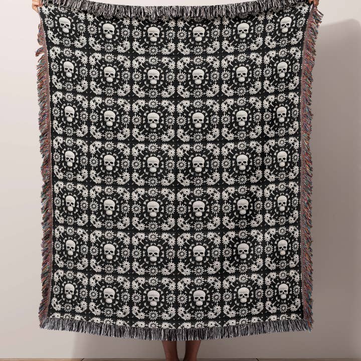 Skull Granny Square Woven Throw Blanket for wholesale by PunchyStuff Studio