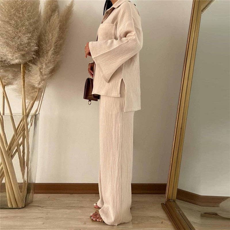 ShieldChic - Wholesale Top & Pant Set (NOT Loungewear) - Women's - Solid Color Long Sleeve Lapel Blouse And Wide Leg Pants Two Pieces Suit2