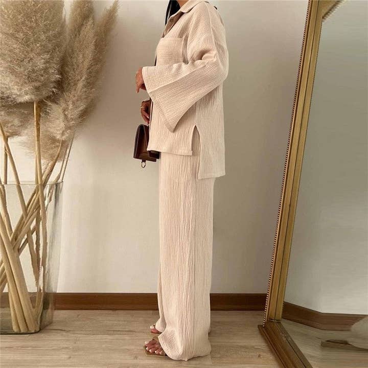 ShieldChic - Wholesale Top & Pant Set (NOT Loungewear) - Women's - Solid Color Long Sleeve Lapel Blouse And Wide Leg Pants Two Pieces Suit2