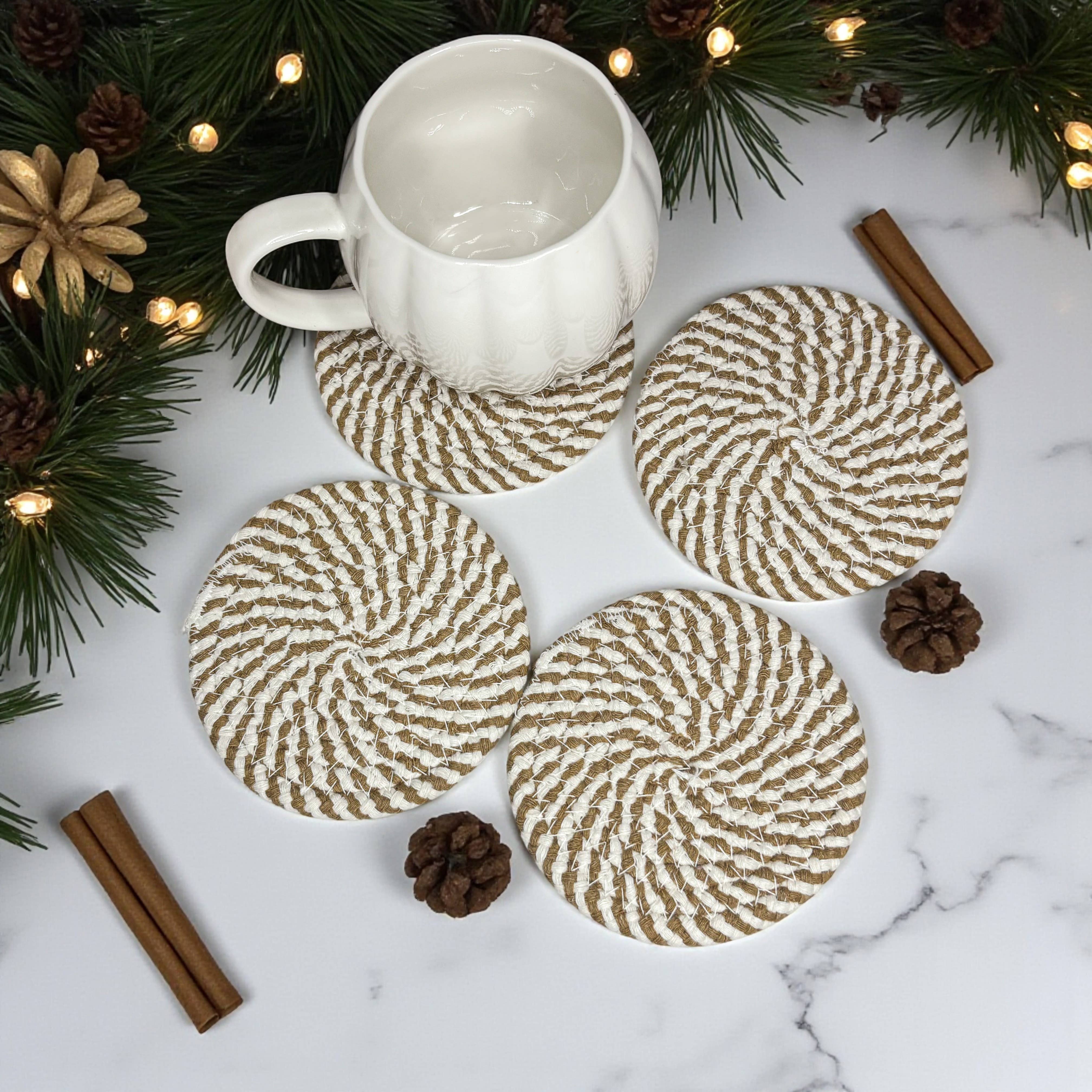 Gia Roma - Wholesale Coasters - Christmas Coasters, Red Candy Cane Braided Cotton Fabric Set77